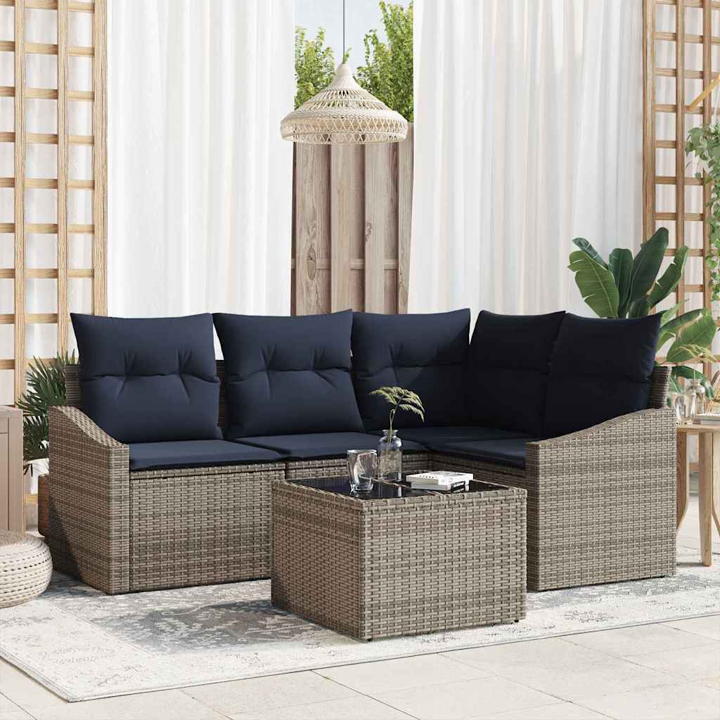 Tuinbankenset met kussen 5 pcs Grijs en Marineblauw poly rattan