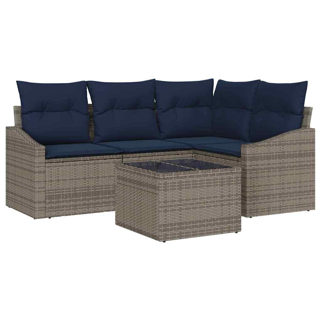 Tuinbankenset met kussen 5 pcs Grijs en Marineblauw poly rattan