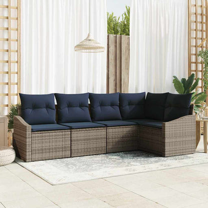 Tuinbankenset met kussen 5 pcs Grijs en Marineblauw poly rattan