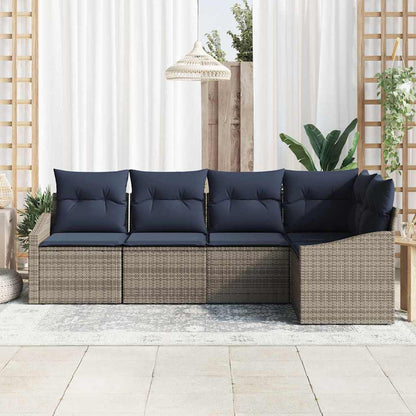 Tuinbankenset met kussen 5 pcs Grijs en Marineblauw poly rattan