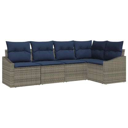 Tuinbankenset met kussen 5 pcs Grijs en Marineblauw poly rattan