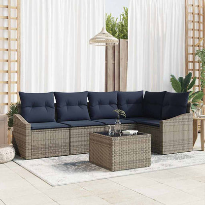 Tuinbankenset met kussen 6 pcs Grijs en Marineblauw poly rattan