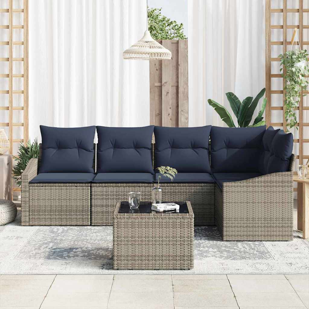 Tuinbankenset met kussen 6 pcs Grijs en Marineblauw poly rattan