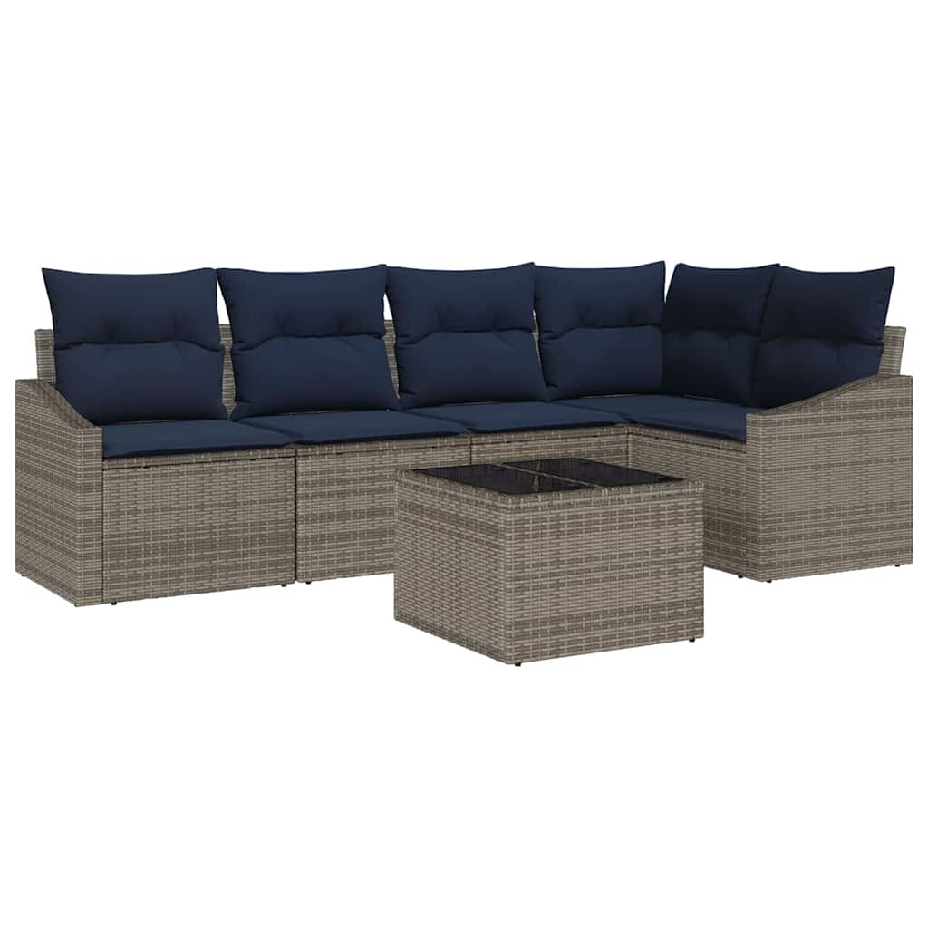 Tuinbankenset met kussen 6 pcs Grijs en Marineblauw poly rattan