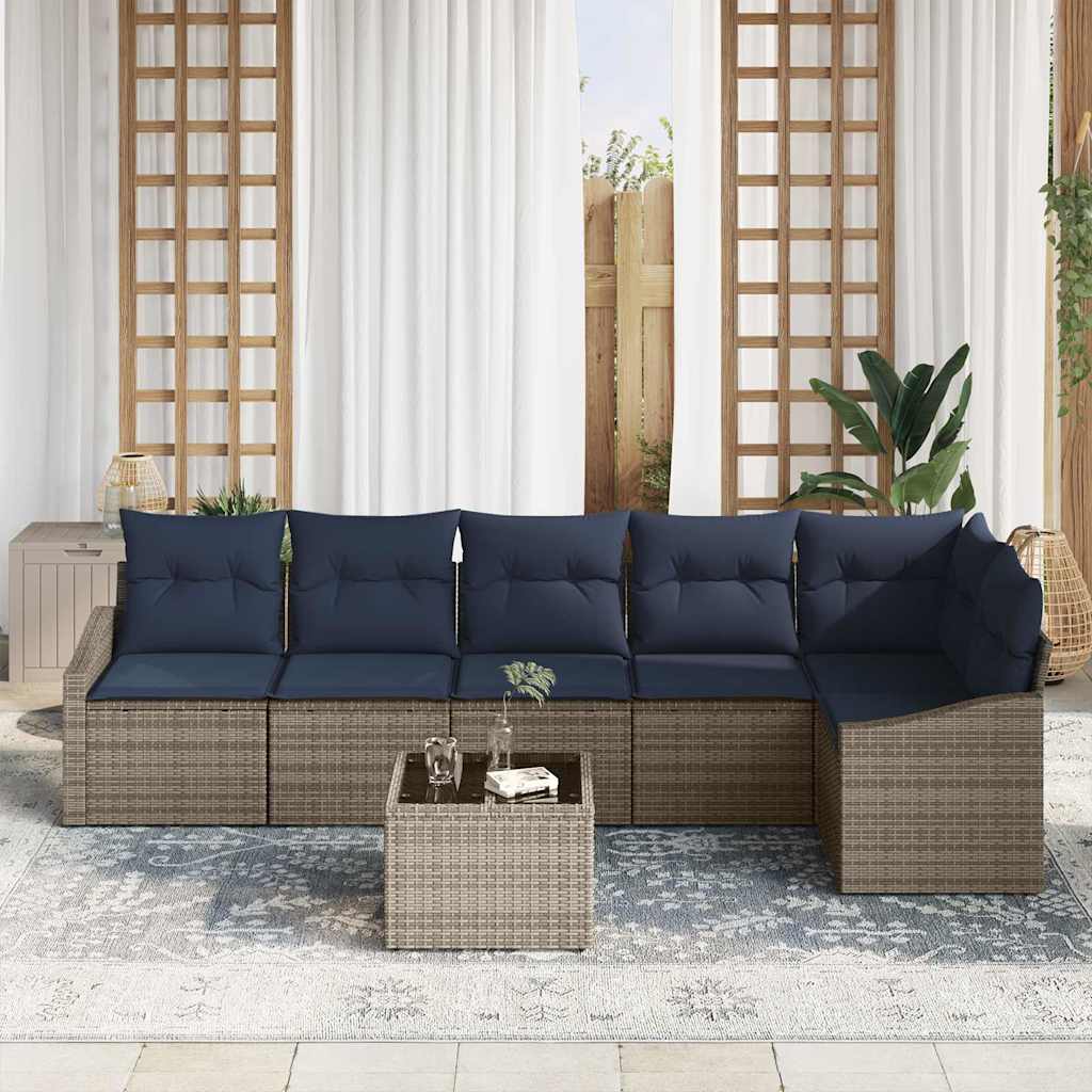 Tuinbankenset met kussen 7 pcs Grijs en Marineblauw poly rattan