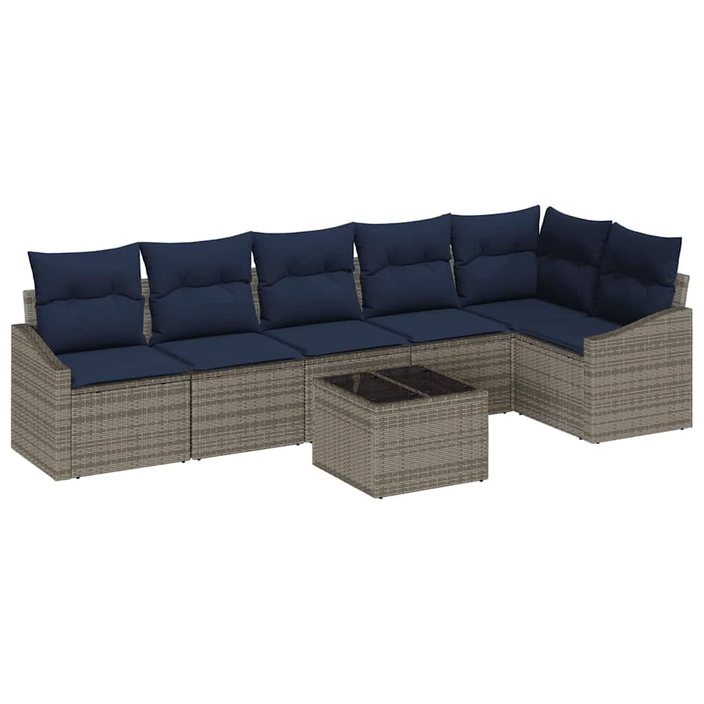 Tuinbankenset met kussen 7 pcs Grijs en Marineblauw poly rattan