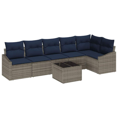 Tuinbankenset met kussen 7 pcs Grijs en Marineblauw poly rattan