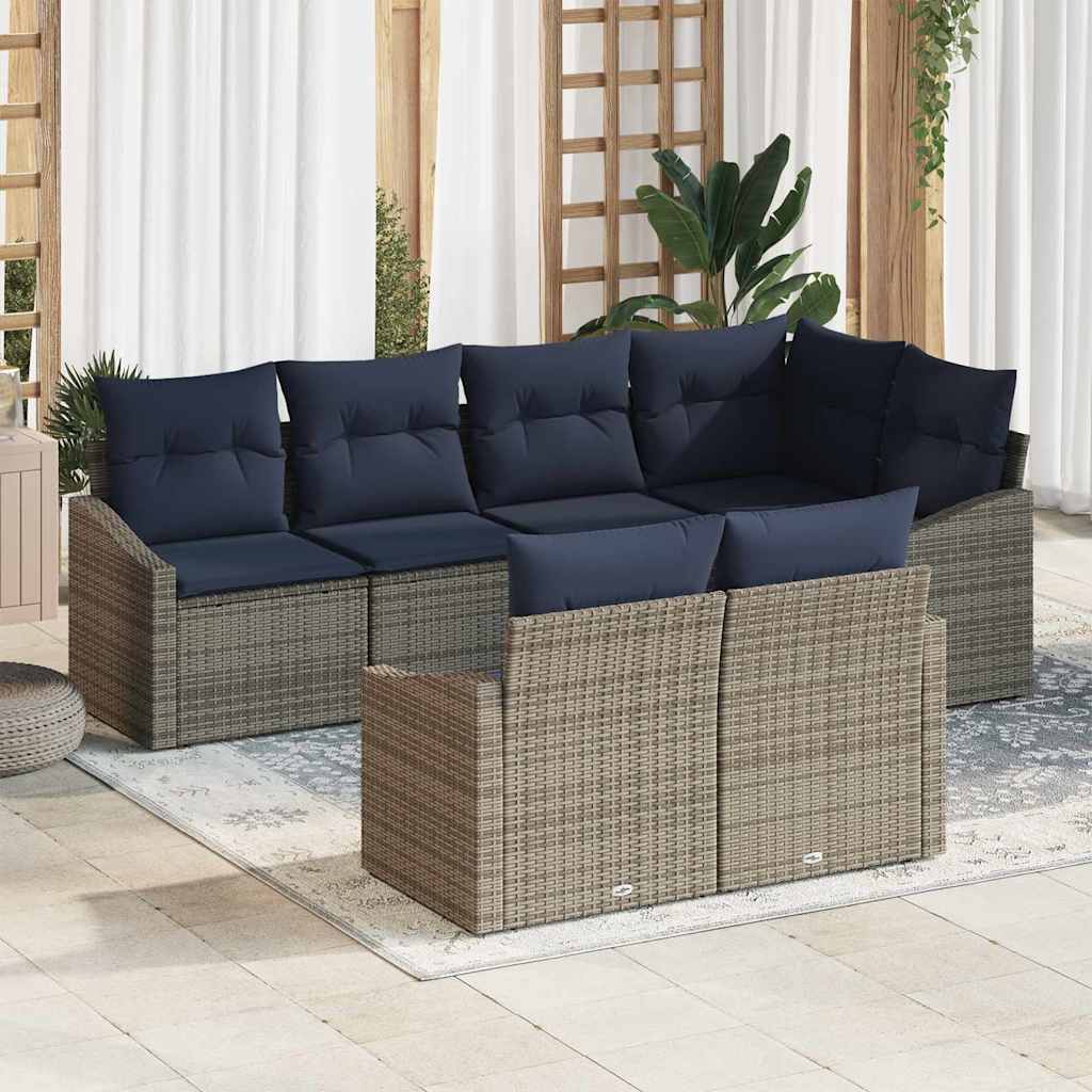 Tuinbankenset met kussen 7 pcs Grijs en Marineblauw poly rattan