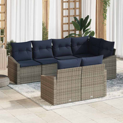 Tuinbankenset met kussen 7 pcs Grijs en Marineblauw poly rattan