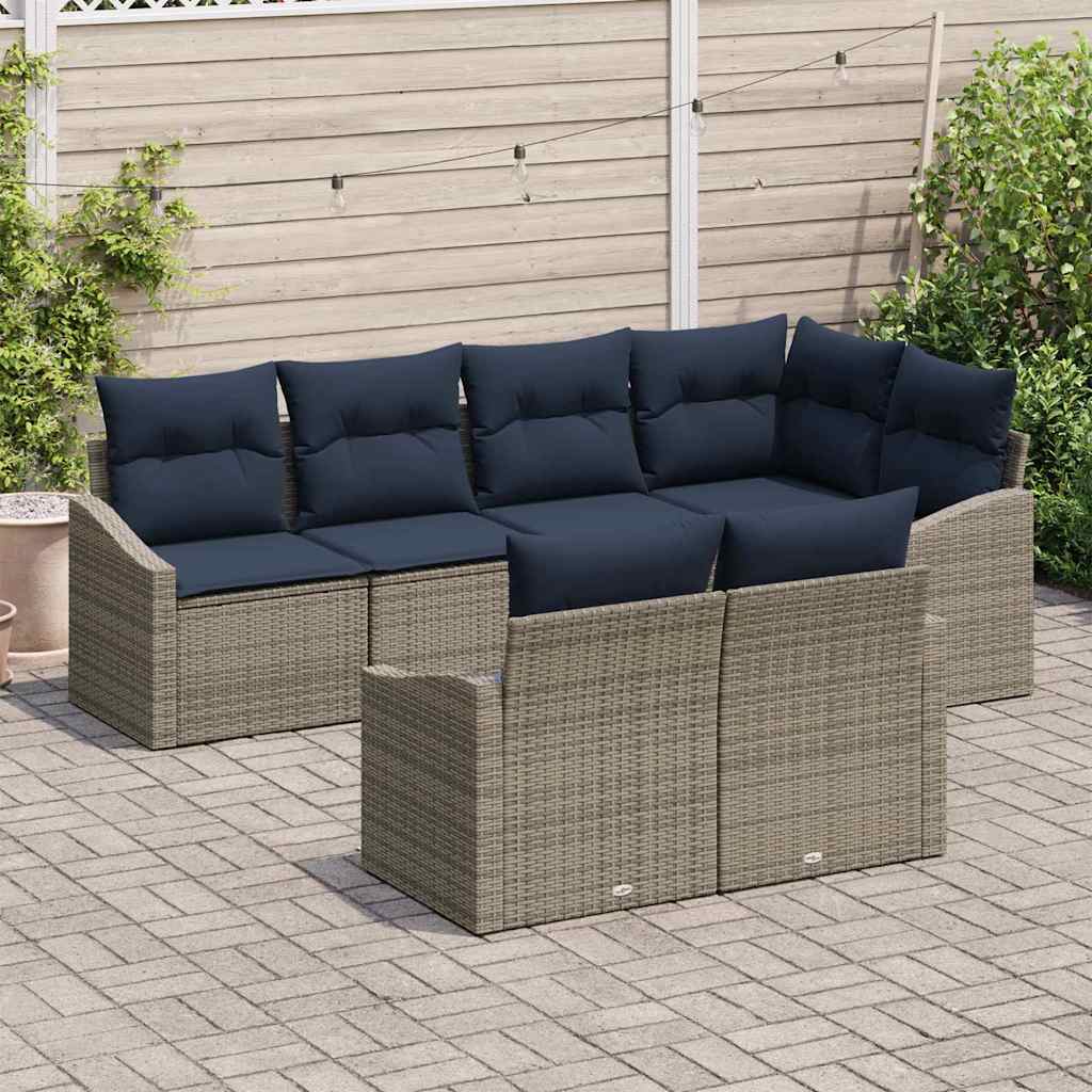 Tuinbankenset met kussen 7 pcs Grijs en Marineblauw poly rattan