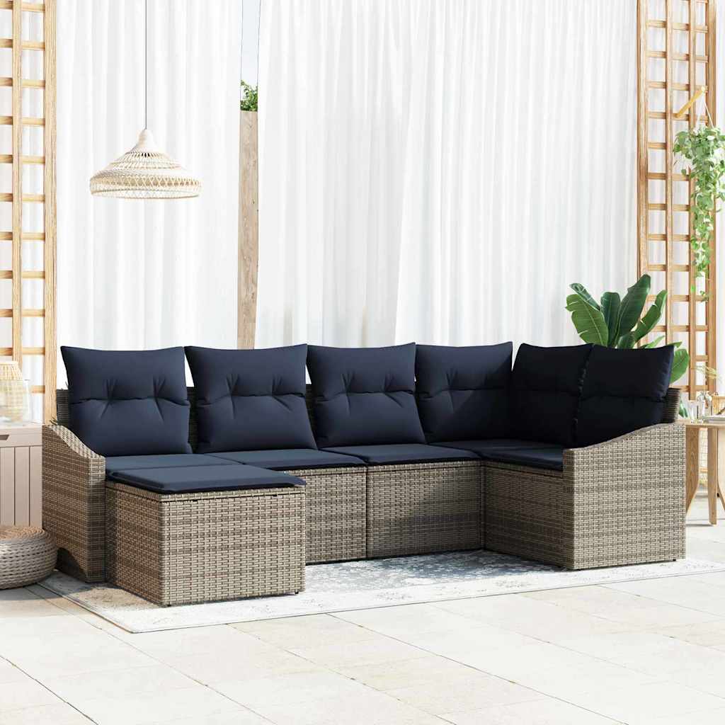 Bankstel met kussen 6 pcs Grijs en Marineblauw poly rattan