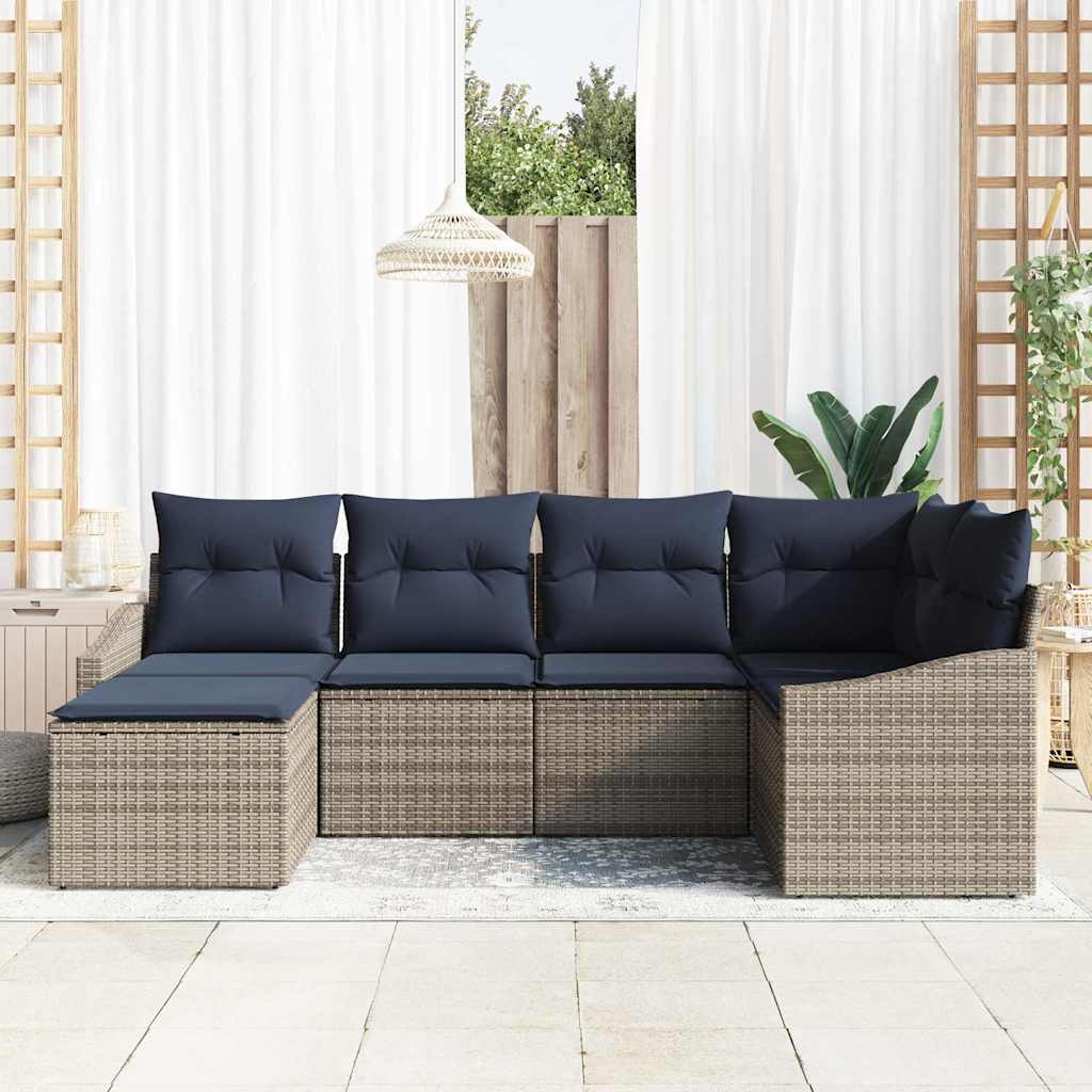 Bankstel met kussen 6 pcs Grijs en Marineblauw poly rattan