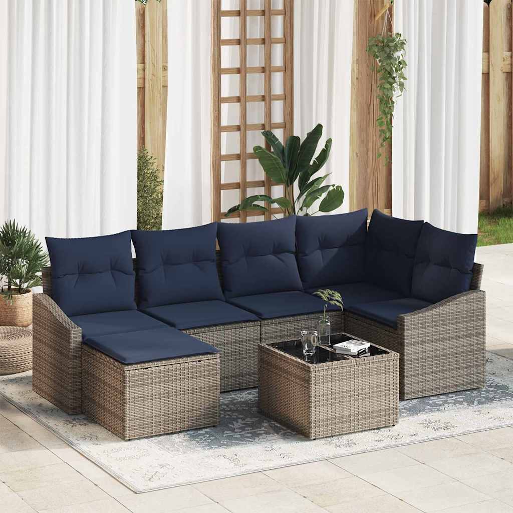 Bankstel met kussen 7 pcs Grijs en Marineblauw poly rattan