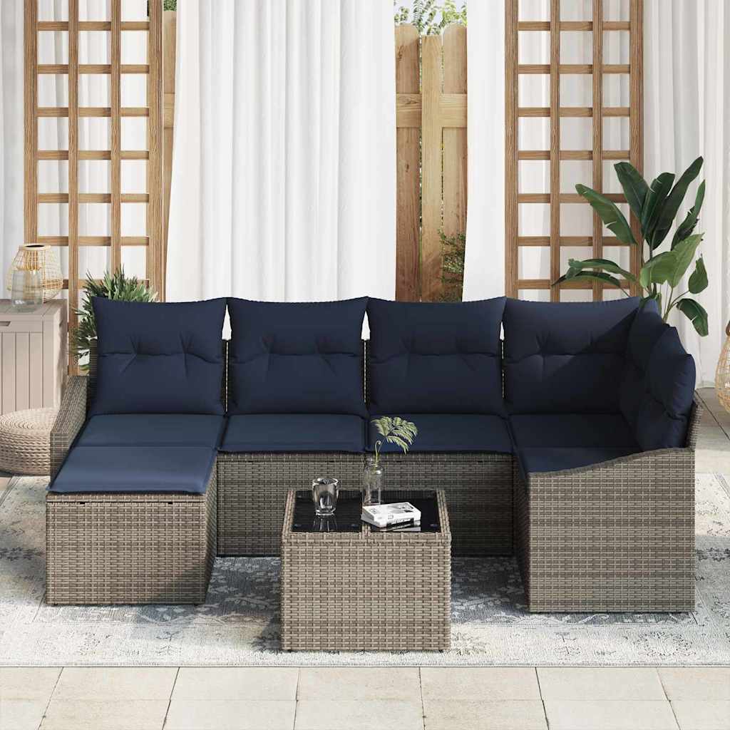 Bankstel met kussen 7 pcs Grijs en Marineblauw poly rattan
