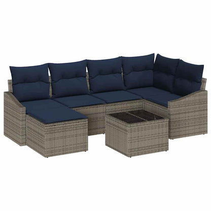 Bankstel met kussen 7 pcs Grijs en Marineblauw poly rattan