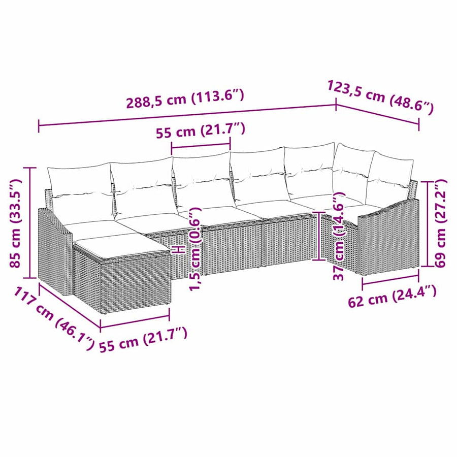 Tuin Sofa Set met kussen 7 pcs Bruin en Crème poly rattan
