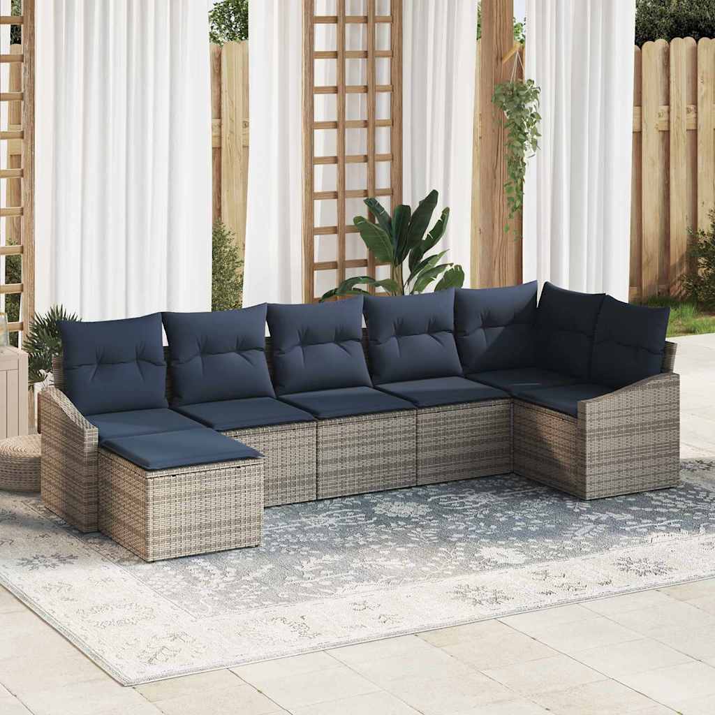 Tuin Sofa Set met kussen 7 pcs Grijs en Marineblauw poly rattan