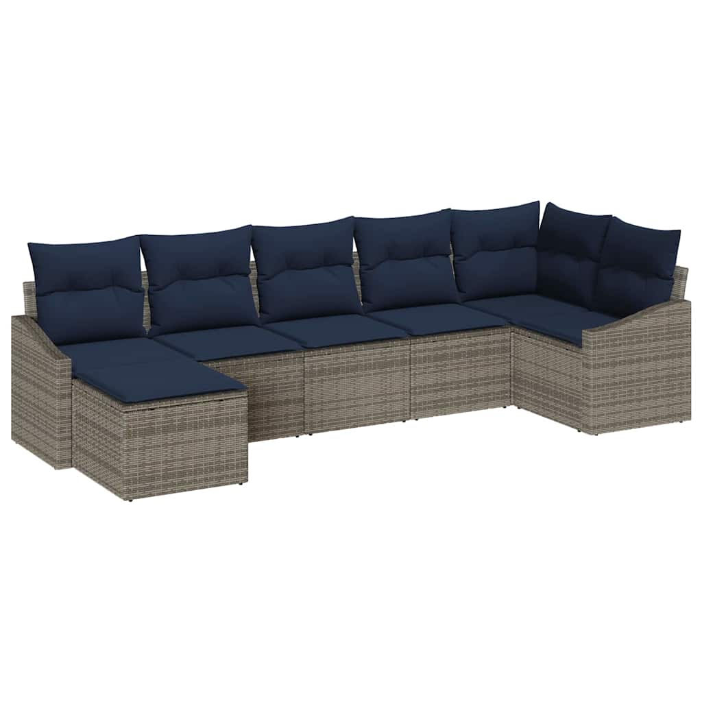 Tuin Sofa Set met kussen 7 pcs Grijs en Marineblauw poly rattan