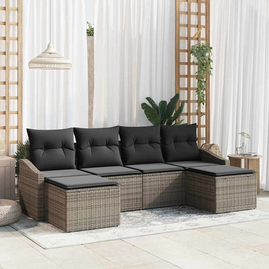 Tuin Eetset 6 pcs Grijs Poly Rattan en Poedergecoat Staal