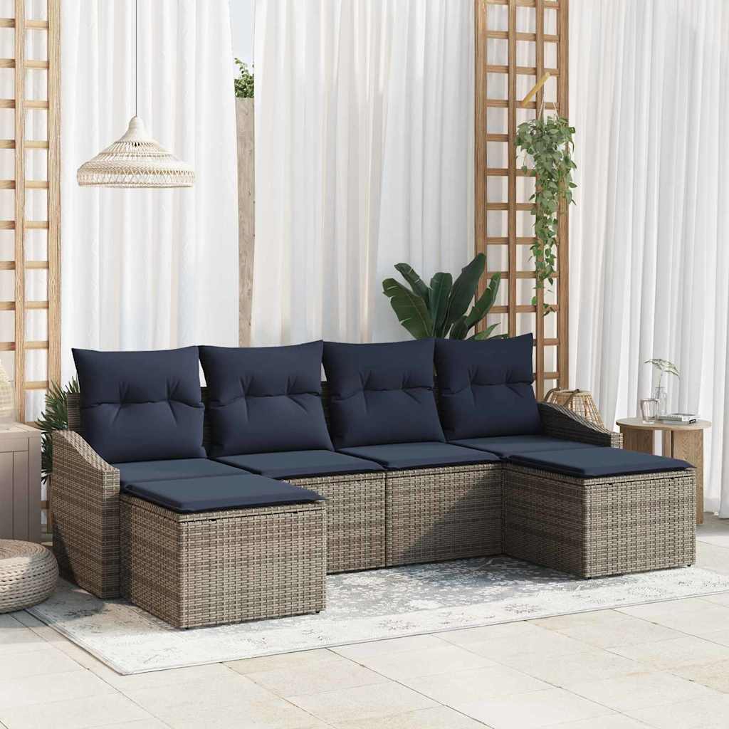 Tuin Sofa Set met kussen 6 pcs Grijs en Marineblauw poly rattan