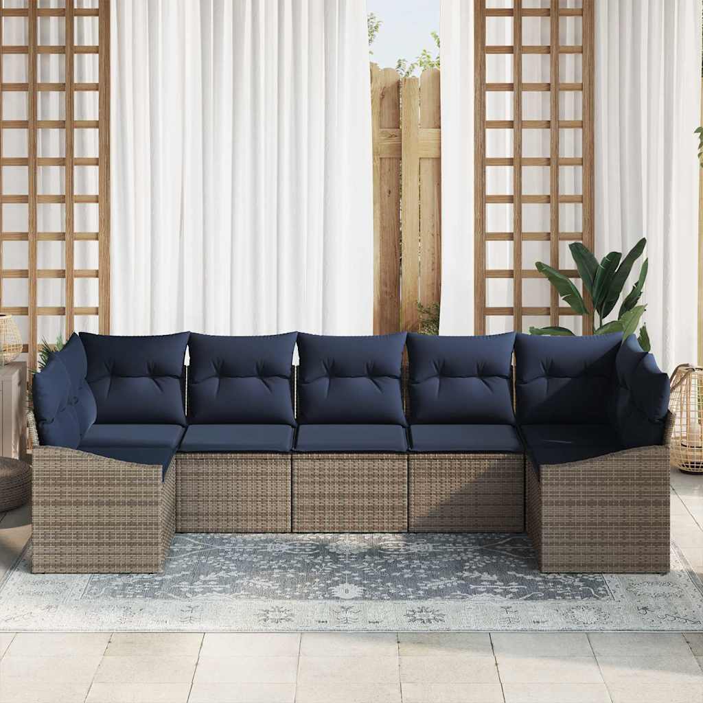 Tuinbankenset met opslag 7 pcs Grijs en Marineblauw poly rattan