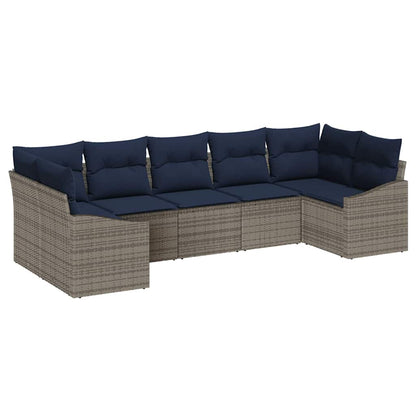 Tuinbankenset met opslag 7 pcs Grijs en Marineblauw poly rattan
