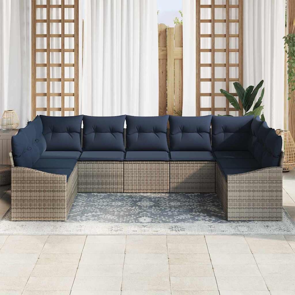 Tuinbankenset met opslag 9 pcs Grijs en Marineblauw poly rattan