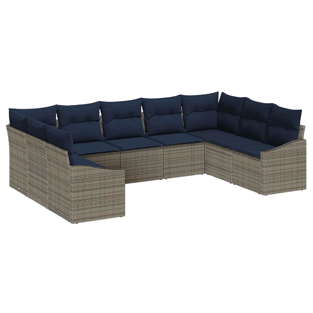 Tuinbankenset met opslag 9 pcs Grijs en Marineblauw poly rattan