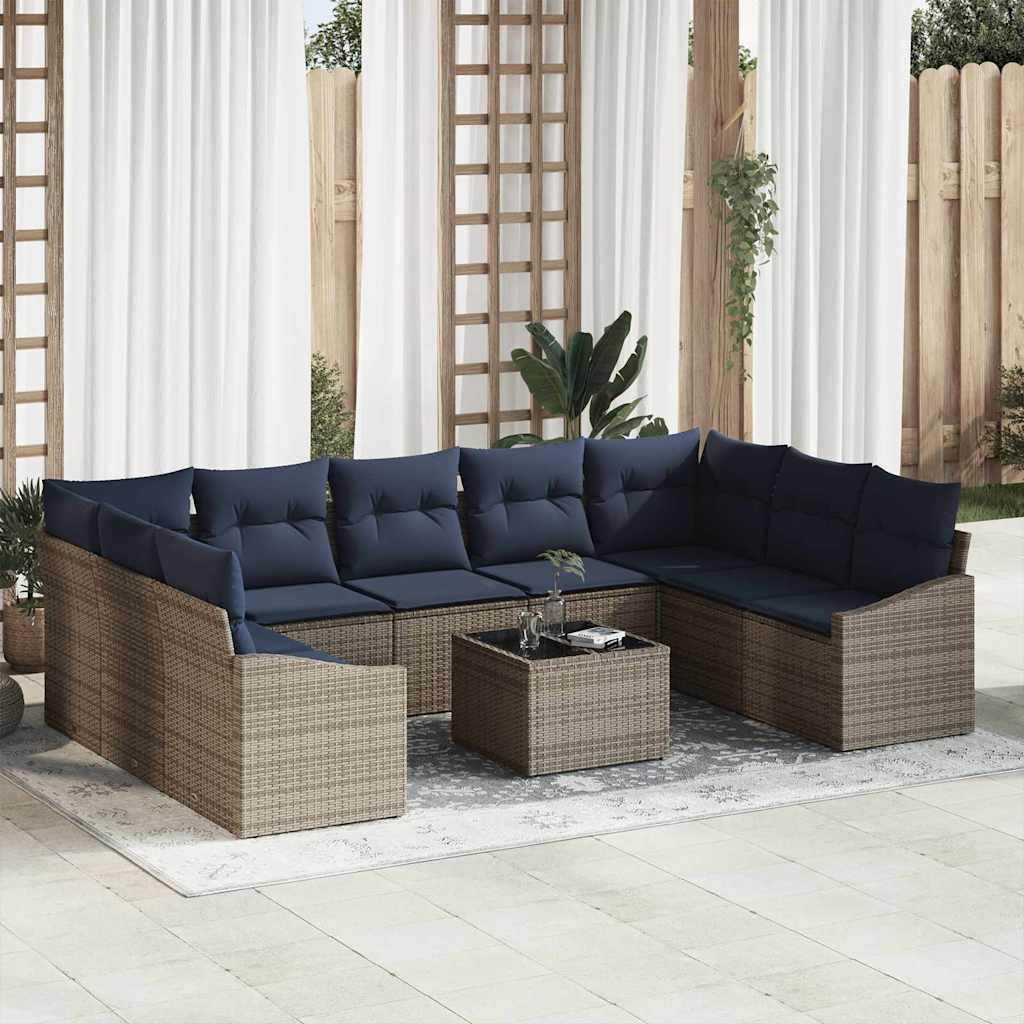 Tuinbankenset 10 pcs Grijs en Marineblauw poly rattan