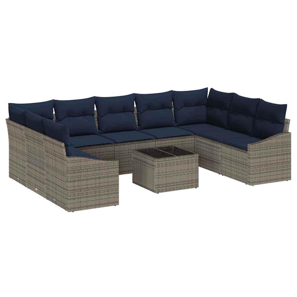 Tuinbankenset 10 pcs Grijs en Marineblauw poly rattan
