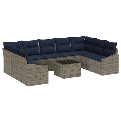 Tuinbankenset 10 pcs Grijs en Marineblauw poly rattan