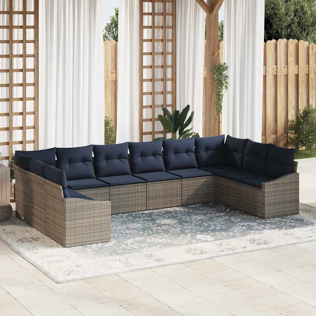Tuinbankenset 10 pcs Grijs en Marineblauw poly rattan