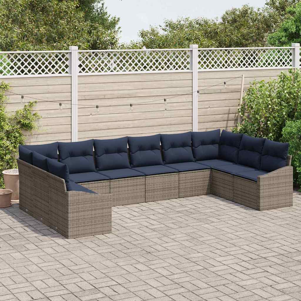 Tuinbankenset 10 pcs Grijs en Marineblauw poly rattan