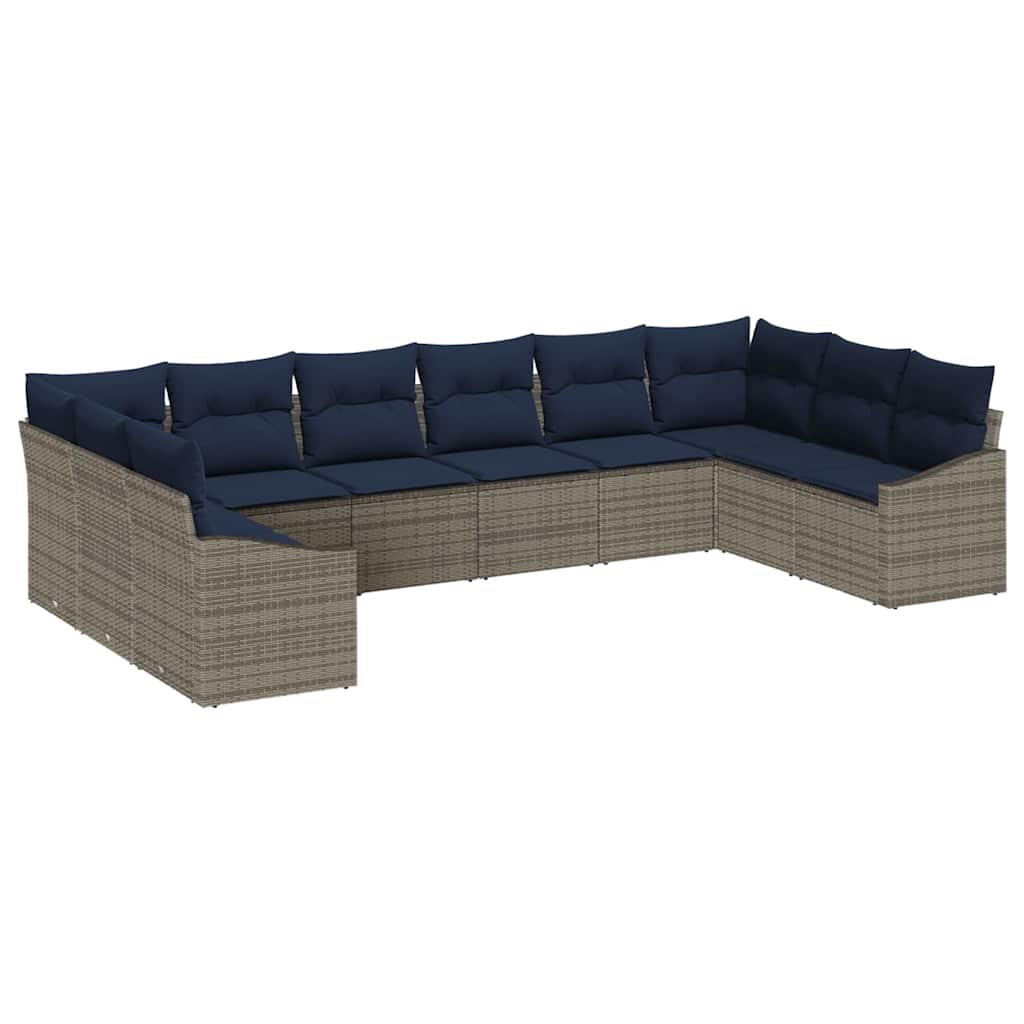 Tuinbankenset 10 pcs Grijs en Marineblauw poly rattan