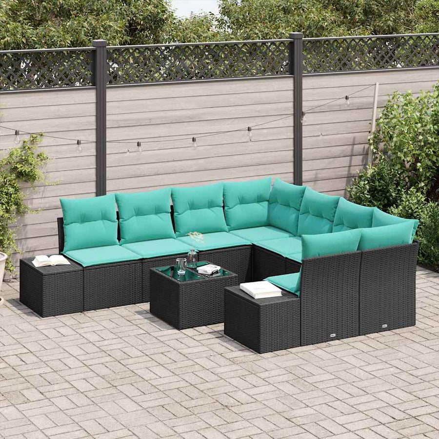 Tuin Sofa Set 9 st Zwart en Turquoise poly rattan