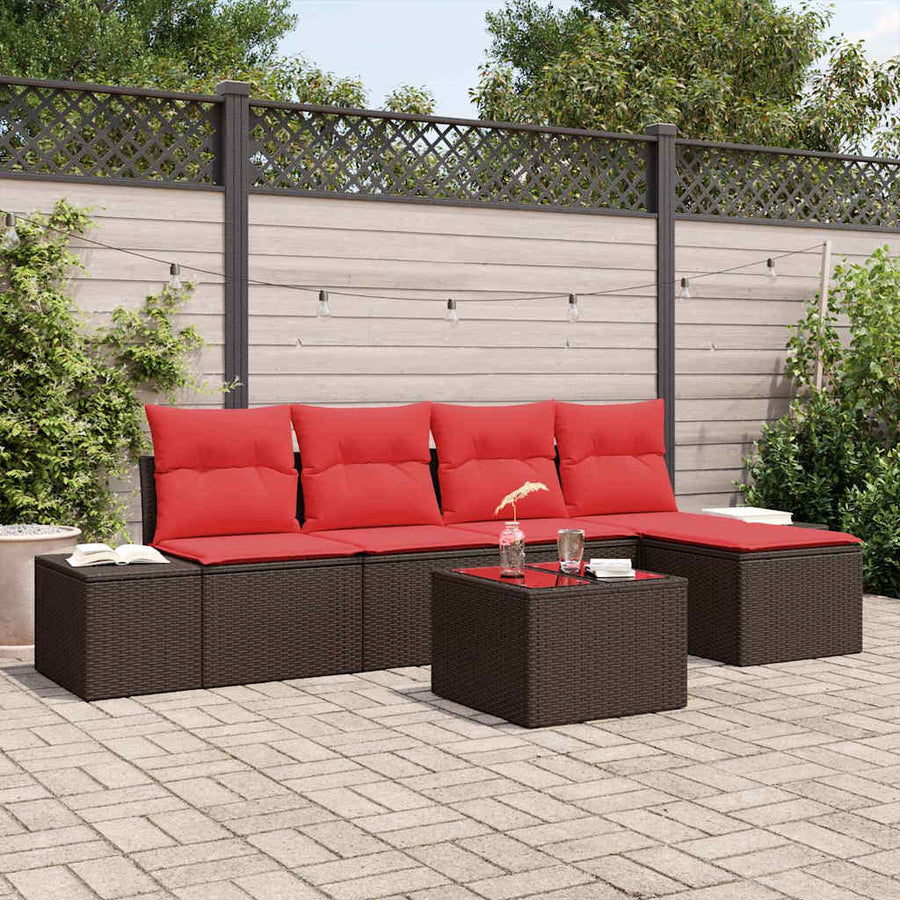 Tuin Sofa Set 5 st Bruin en Rood poly rattan