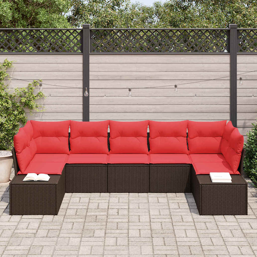 Tuinbankenset 7 st 7-Aantal zitplaatsen Bruin en Rood Poly riet