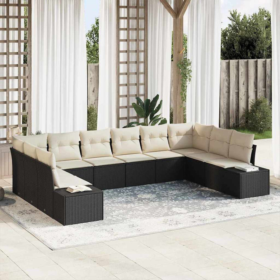 Tuinbankenset met kussen 10 pcs Zwart en Crème Polyrattan