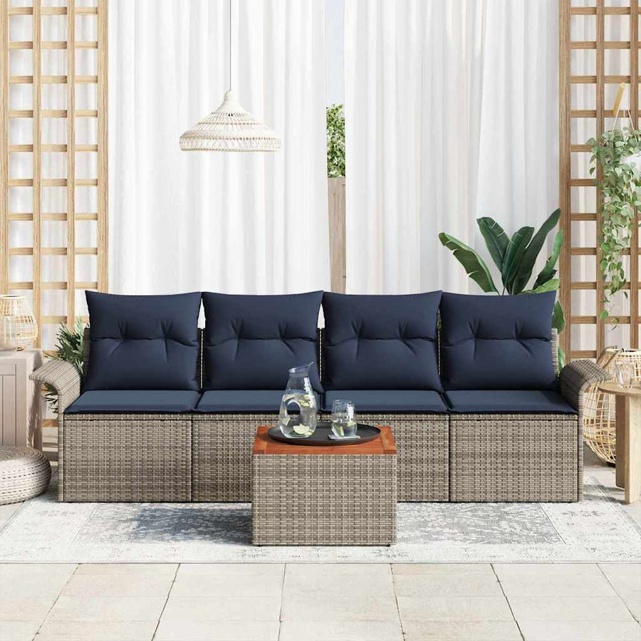 Tuinbankenset met opslag 5 pcs Grijs en Marineblauw poly rattan