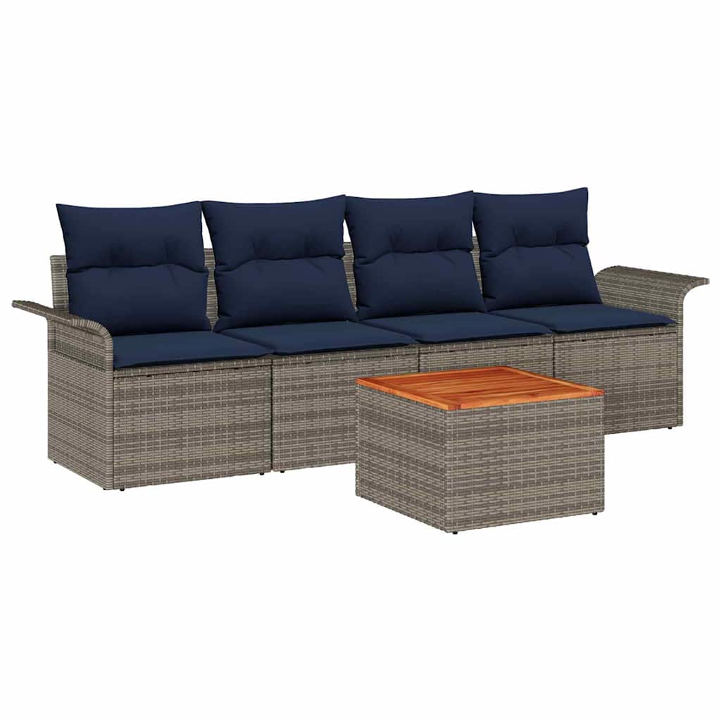 Tuinbankenset met opslag 5 pcs Grijs en Marineblauw poly rattan