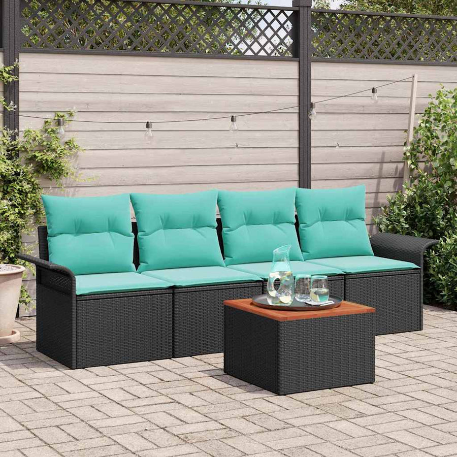 Tuinbankenset met opslag 5 pcs Zwart en Turquoise poly rattan