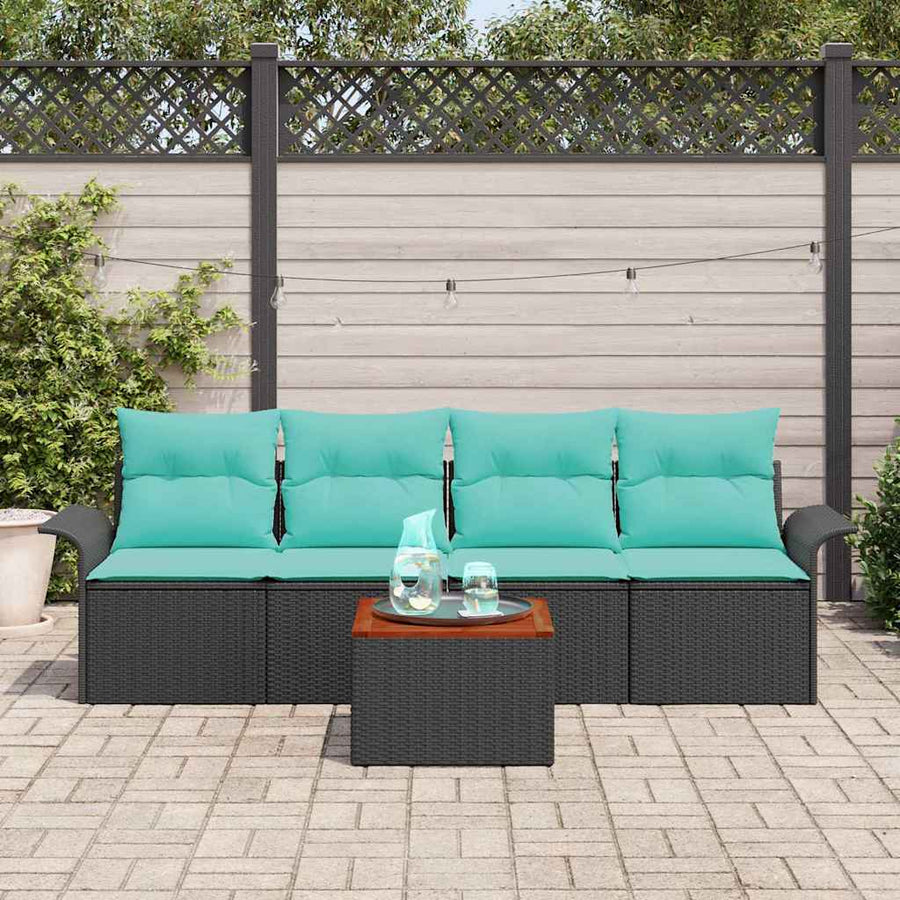 Tuinbankenset met opslag 5 pcs Zwart en Turquoise poly rattan