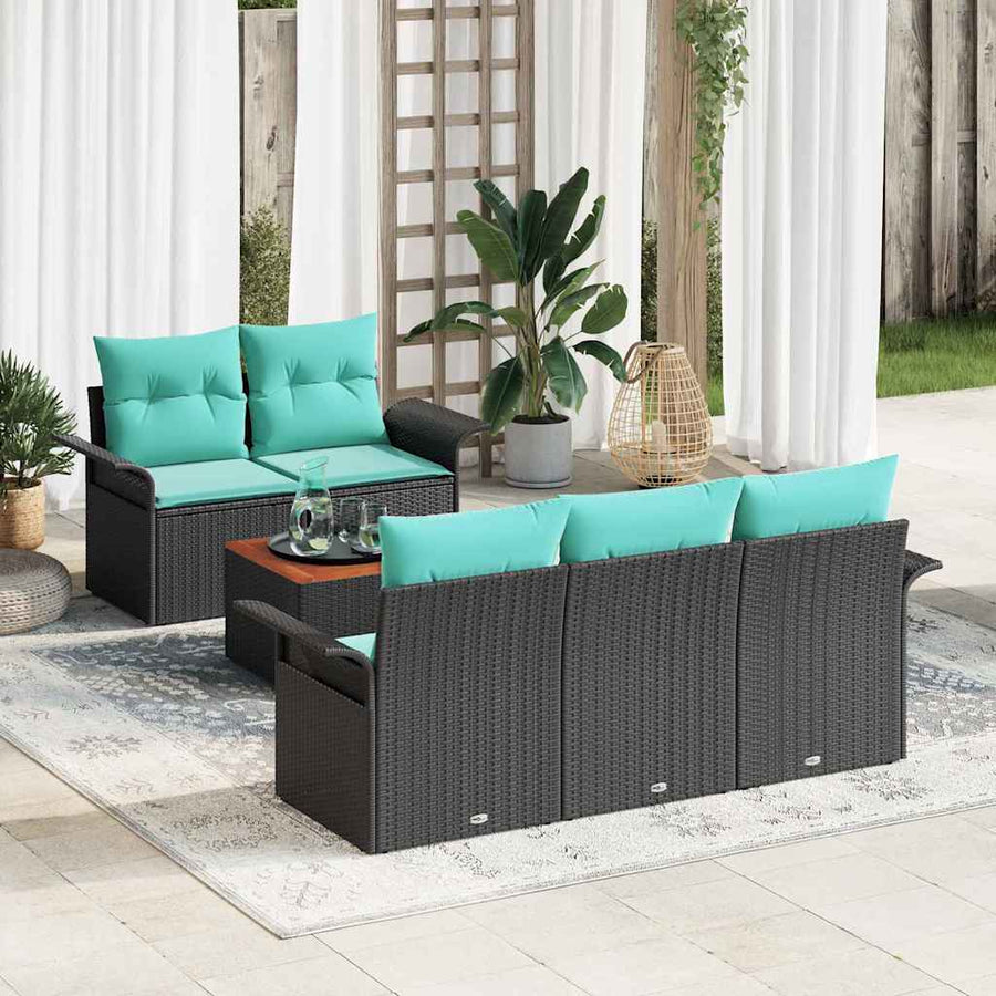 Tuinbankenset met opslag 6 pcs Zwart en Turquoise poly rattan
