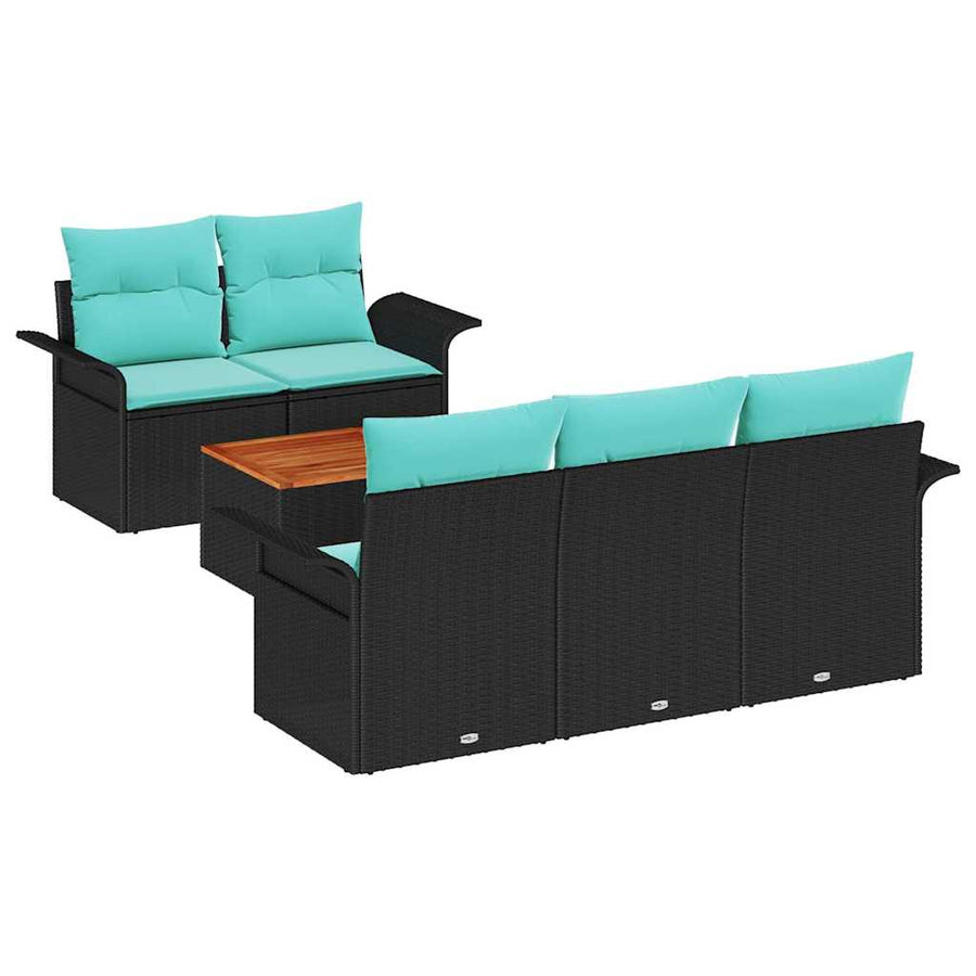 Tuinbankenset met opslag 6 pcs Zwart en Turquoise poly rattan