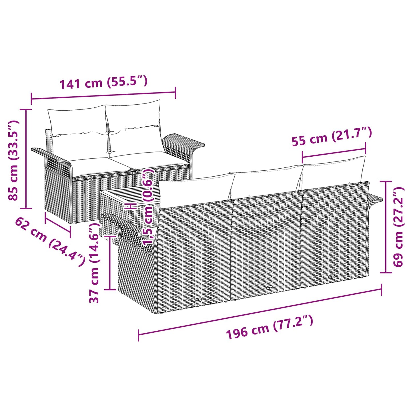 Tuinbankenset met opslag 6 pcs Zwart en Turquoise poly rattan