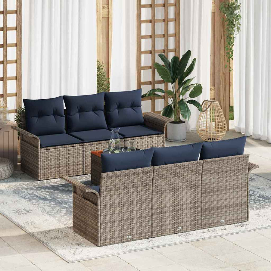 Tuinbankenset met opslag 7 pcs Grijs en Marineblauw poly rattan