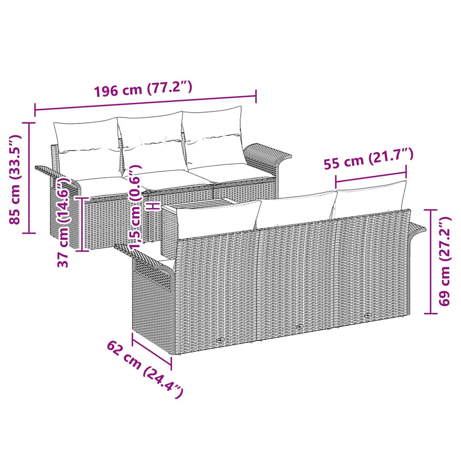Tuinbankenset met opslag 7 pcs Grijs en Marineblauw poly rattan