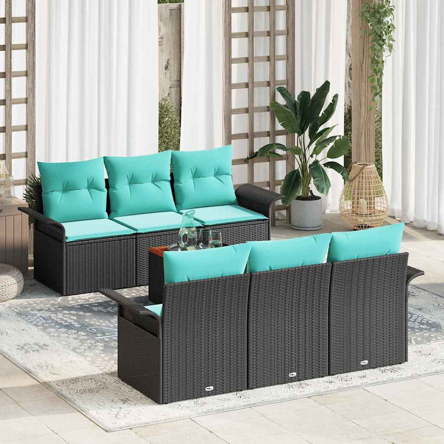 Tuinbankenset met opslag 7 pcs Zwart en Turquoise poly rattan
