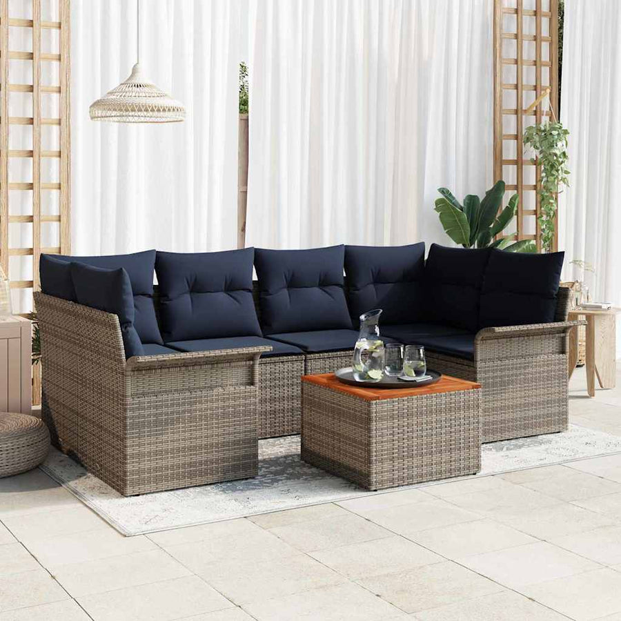 Tuinbankenset met opslag 7 pcs Grijs en Marineblauw poly rattan