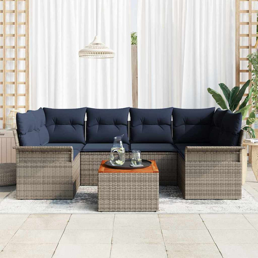 Tuinbankenset met opslag 7 pcs Grijs en Marineblauw poly rattan